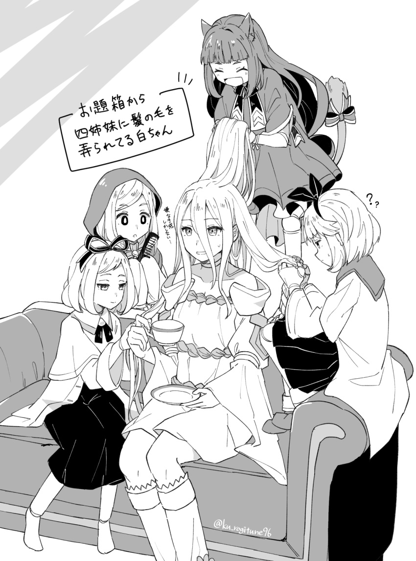 5girls :d ? adjusting_another's_hair ael_(kumo_desu_ga_nani_ka?) animal_ears boots bow cat_ears cat_tail closed_eyes commentary_request couch cup doll_joints dress extra_pupils fiel_(kumo_desu_ga_nani_ka?) greyscale hair_between_eyes hair_bow highres holding holding_cup hood hood_down hood_up hooded_dress joints knee_boots kumo_desu_ga_nani_ka? kumoko_(kumo_desu_ga_nani_ka?) kuroko_(ku_rogitune96) long_hair monochrome multiple_girls open_mouth pleated_skirt riel_(kumo_desu_ga_nani_ka?) sael_(kumo_desu_ga_nani_ka?) saucer shiraori short_dress short_hair sitting skirt smile spoilers sweatdrop tail teacup translation_request twitter_username