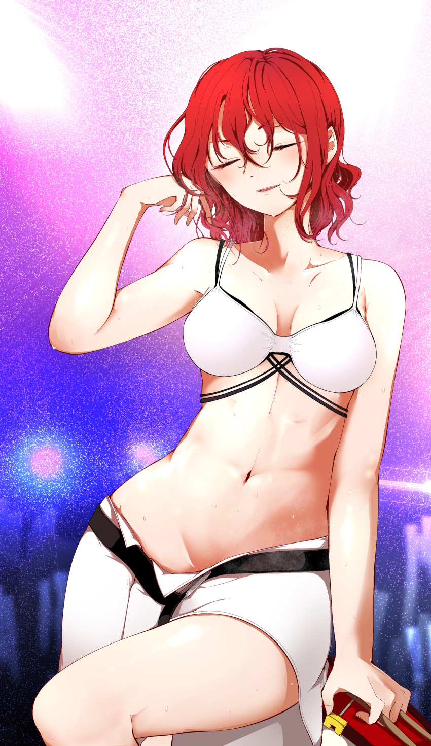 1girl absurdres belt blush bra closed_eyes drum drumsticks hand_in_hair highres horikawa_raiko instrument kaisenpurin navel open_mouth redhead sitting_on_drum skirt stomach sweat taiko_drum touhou underwear white_bra white_skirt