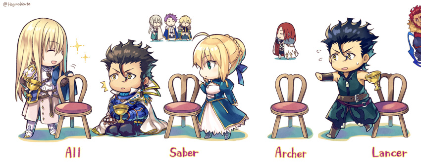 1girl 6+boys ahoge alexander_(fate) armor artoria_pendragon_(all) bangs bedivere_(fate) belt black_hair blonde_hair blue_hair braid braided_ponytail breasts chair closed_mouth cup diarmuid_ua_duibhne_(fate/grand_order) dress eyebrows_behind_hair eyebrows_visible_through_hair fate/grand_order fate/zero fate_(series) fionn_mac_cumhaill_(fate/grand_order) gawain_(fate) hagino_kouta hair_between_eyes hair_ribbon lancelot_(fate/grand_order) long_hair multiple_boys open_mouth purple_hair redhead ribbon saber short_hair silver_hair simple_background sitting smile standing tristan_(fate) white_background yellow_eyes