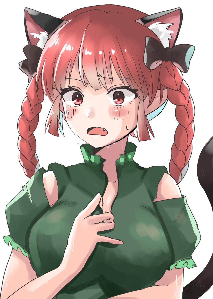 1girl absurdres animal_ear_fluff animal_ears bangs bare_shoulders black_bow blunt_bangs blush bow braid breasts cat_ears cat_tail clothing_cutout commentary_request d: dress extra_ears eyebrows_visible_through_hair fang green_dress hair_bow hand_on_own_chest highres kaenbyou_rin large_breasts long_hair open_mouth purupurutamago45 red_eyes redhead shoulder_cutout simple_background solo sweat tail touhou twin_braids twintails white_background