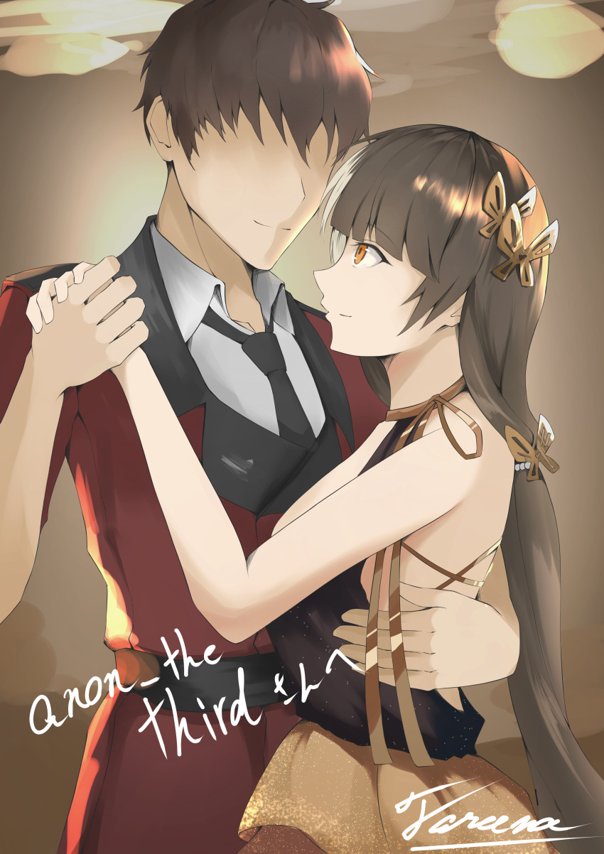 1boy 1girl absurdres artist_name bangs brown_hair closed_mouth commander_(girls_frontline) dancing dress english_text eyebrows_visible_through_hair farena feet_out_of_frame girls_frontline highres hug hug_from_behind jacket long_hair looking_at_another multicolored_hair necktie orange_eyes red_jacket ro635_(girls_frontline) shirt short_hair simple_background smile standing uniform white_shirt