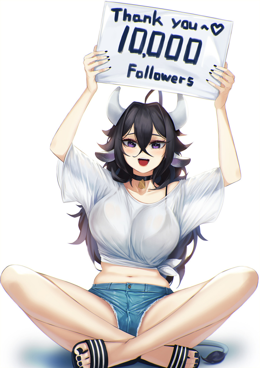 1girl animal_ears bell black_bra black_hair black_nails blueorca bra breasts choker cow_ears cow_horns cow_tail crossed_legs denim denim_shorts english_text flip-flops highres holding holding_sign horns large_breasts long_hair looking_at_viewer midriff milestone_celebration navel neck_bell number open_mouth original sandals see-through see-through_shirt short_shorts shorts sign simple_background sitting smile solo tail thank_you underwear violet_eyes white_background