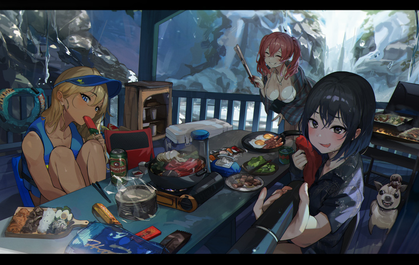 3girls absurdres animal bangs barbecue bikini black_hair blonde_hair blue_eyes blue_headwear blush breasts can chair closed_eyes cooler cup dog egg fang food frog gloves grin hat highres huge_filesize jewelry korean_commentary large_breasts letterboxed long_hair multiple_girls necklace open_mouth original outdoors plate pocky popsicle redhead sausage selfie selfie_stick shirt short_hair smile sunny_side_up_egg swimsuit tagme uthy v vacation visor_cap wet