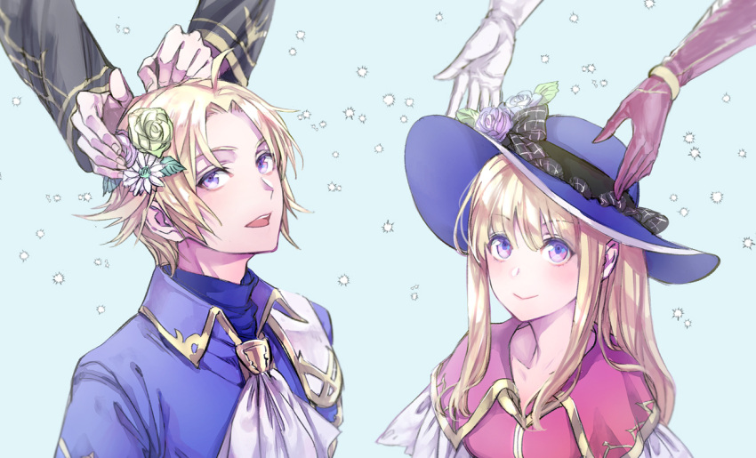 2boys 2girls bangs blonde_hair blue_background clarine_(fire_emblem) collarbone eyebrows_visible_through_hair fire_emblem fire_emblem:_the_binding_blade fire_emblem:_the_blazing_blade fire_emblem_heroes flower gloves hair_between_eyes hair_flower hair_ornament hat klein_(fire_emblem) long_hair long_sleeves louise_(fire_emblem) multiple_boys multiple_girls parent_and_child pent_(fire_emblem) short_hair siblings smile t_misaomaru violet_eyes