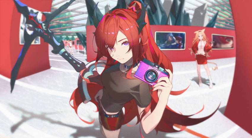 archetto_(arknights) arknights art_gallery camera choker chrix eyebrows_visible_through_hair fang_(arknights) horns long_hair looking_at_viewer painting red_nails redhead slit_pupils surtr_(arknights) surtr_(liberte_echec)_(arknights) sword violet_eyes weapon