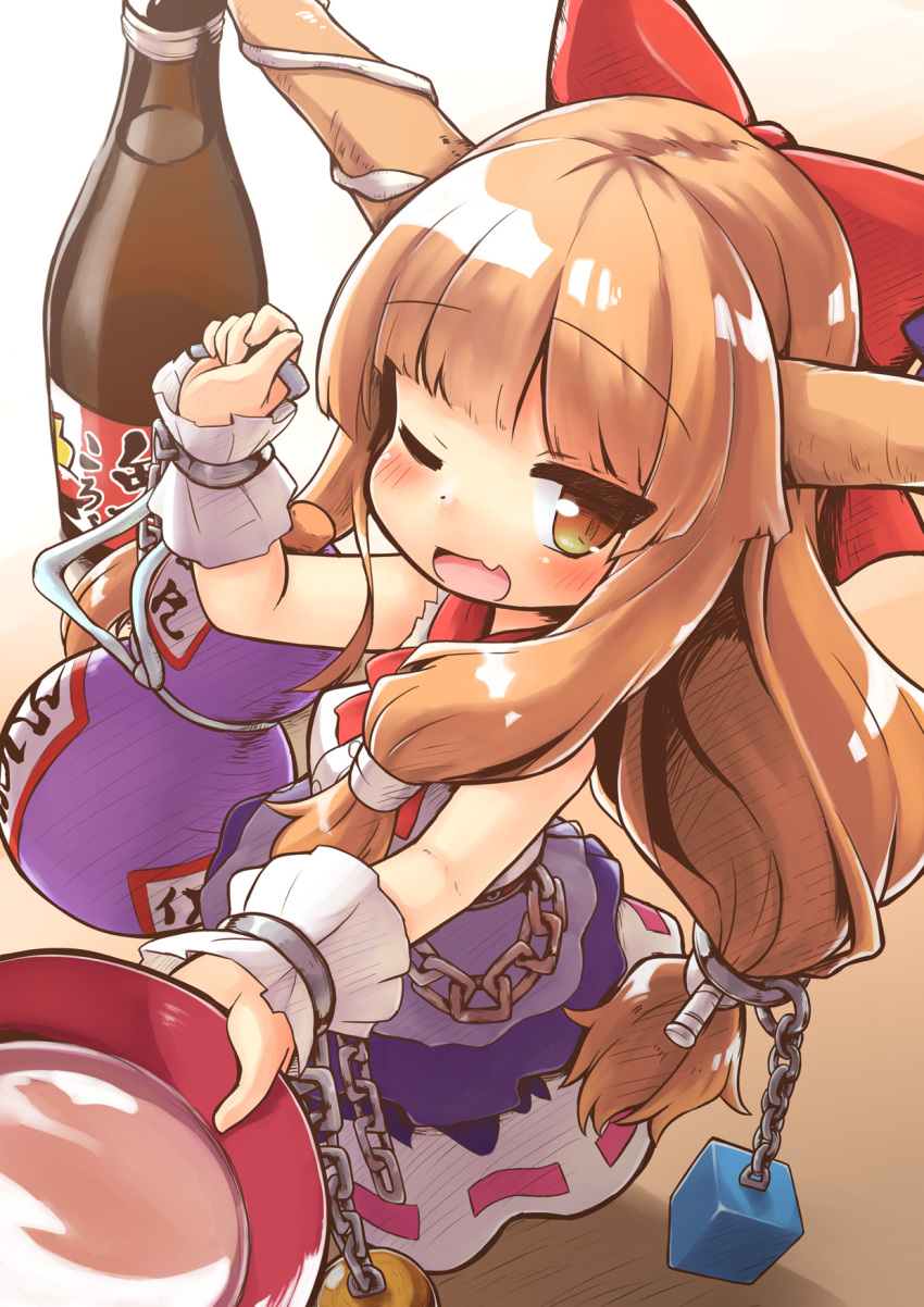 1girl bangs blush bottle bow brown_hair chain commentary_request cube cup fang gourd hair_bow highres holding horns ibuki_suika kareya long_hair looking_at_viewer one_eye_closed open_mouth purple_skirt red_bow sakazuki shirt skin_fang skirt smile solo touhou white_shirt wrist_cuffs