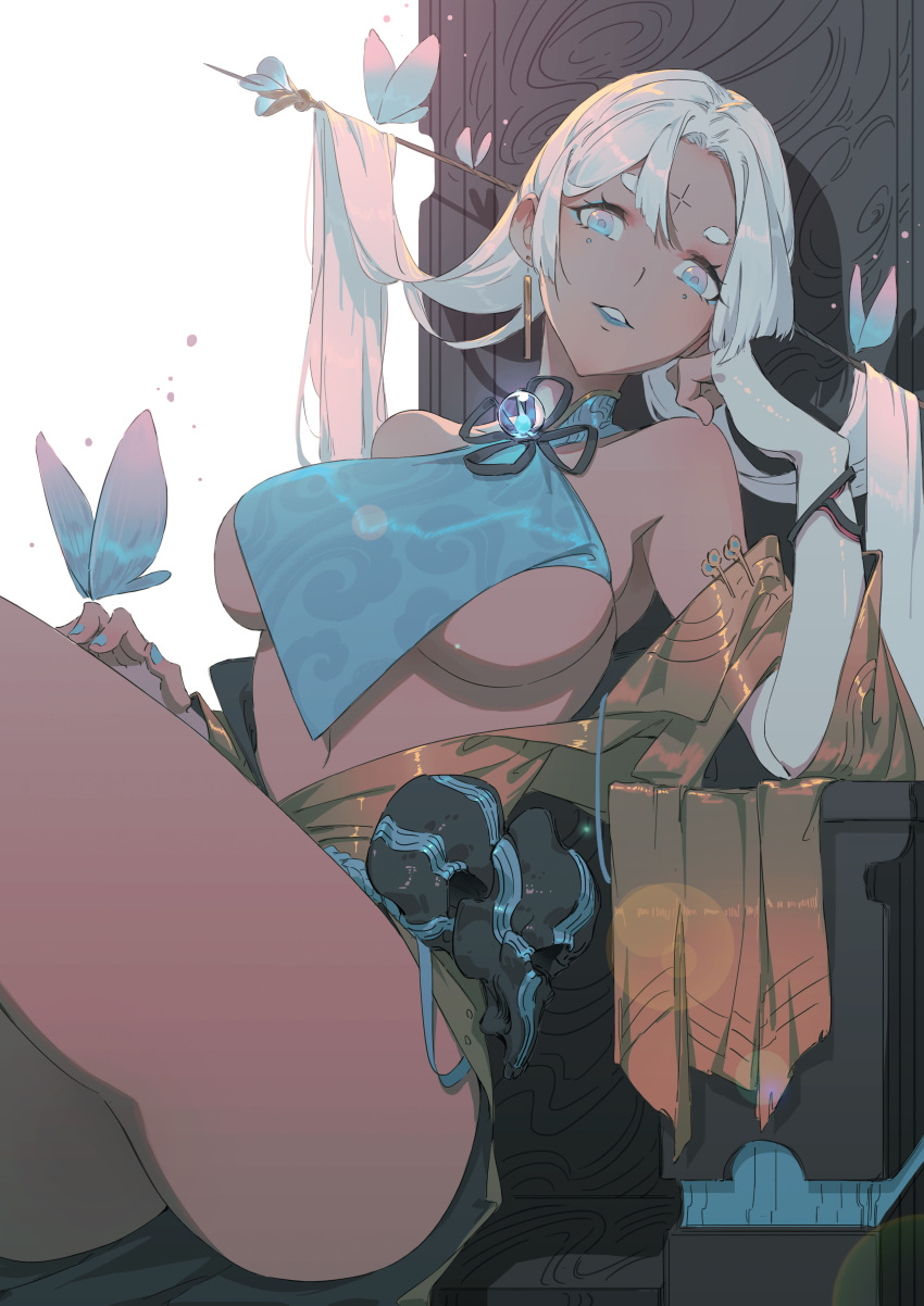 1girl absurdres bare_shoulders blue_eyes breasts bug butterfly chair cross_scar dark_skin earrings elbow_gloves gloves hand_on_own_cheek hand_on_own_face highres huang_(volt0526) insect jewelry long_hair navel original sitting thick_eyebrows thighs under_boob white_hair