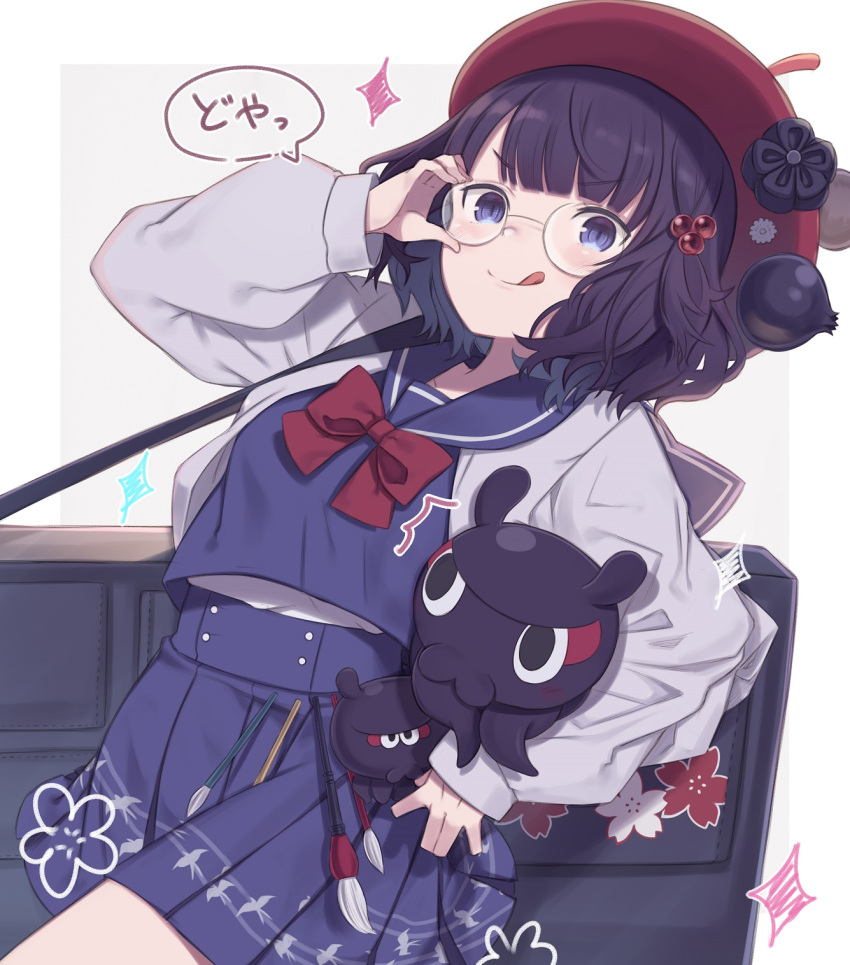 1girl bangs beret blue_eyes blue_skirt blush breasts fate/grand_order fate_(series) grey_jacket hair_ornament hairpin hat highres jacket katsushika_hokusai_(fate) large_breasts long_sleeves looking_at_viewer neckerchief octopus pleated_skirt purple_hair sailor_collar school_uniform serafuku short_hair skirt smile tokitarou_(fate) totatokeke