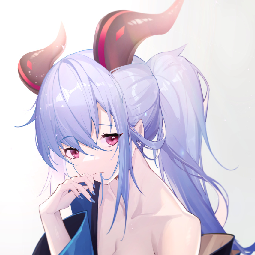 1girl absurdres bangs blue_hair blue_nails chinese_commentary closed_mouth collarbone commentary_request eyebrows_visible_through_hair ganyu_(genshin_impact) genshin_impact goat_horns hair_between_eyes hair_in_mouth hand_up highres horns long_hair long_sleeves looking_at_viewer nail_polish off_shoulder shimutsuki sidelocks simple_background solo twintails upper_body violet_eyes wide_sleeves