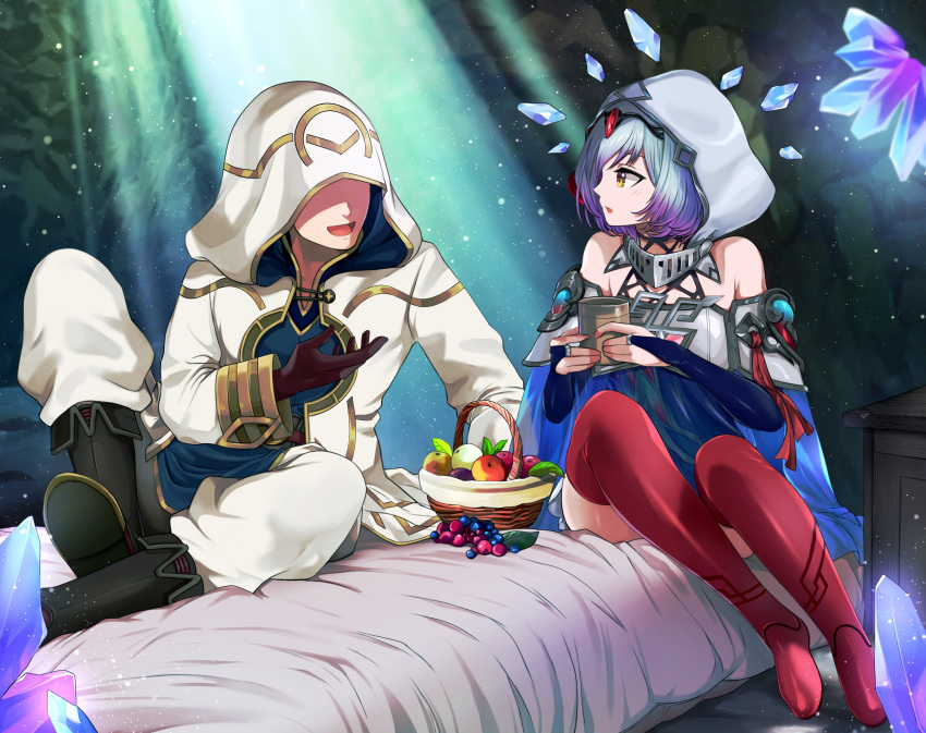 1girl 1other absurdres ambiguous_gender bare_shoulders basket black_footwear blue_shirt boots bridal_gauntlets commentary_request commission cup dress fire_emblem fire_emblem_heroes food fruit gold_trim gradient_hair grey_hair hanamasa_ono highres holding holding_cup hood hood_up indoors kiran_(fire_emblem) kvasir_(fire_emblem) long_sleeves looking_at_another multicolored_hair off_shoulder on_bed open_clothes open_mouth open_robe pants profile purple_hair red_thighhighs robe shirt smile thigh-highs white_dress white_pants white_robe yellow_eyes