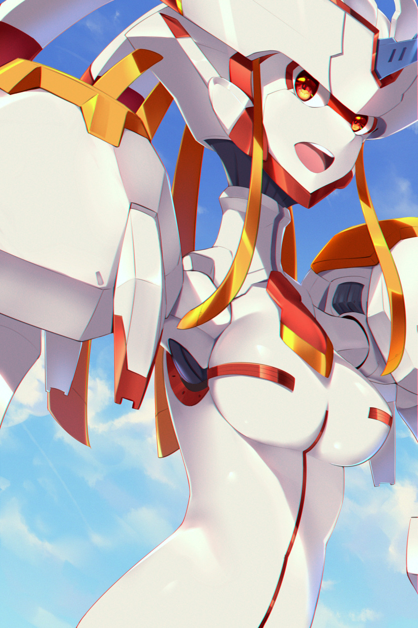 1girl armor blue_sky breasts clouds darling_in_the_franxx day highres humanization humanoid_robot mecha medium_breasts no_humans open_mouth orange_eyes robot sgt-jz sky solo strelizia white_armor