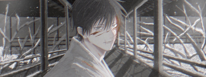 1boy bangs black_eyes black_hair blood blood_on_face closed_mouth commentary_request day expressionless fushiguro_touji hair_between_eyes highres japanese_clothes jujutsu_kaisen kimono looking_at_viewer male_focus outdoors portrait scar scar_on_face short_hair snow solo sttt5s white_kimono