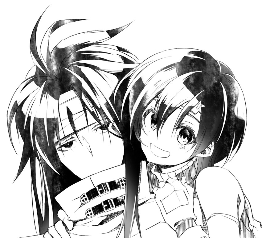 1boy 1girl black_hair cloak final_fantasy final_fantasy_vii glomp gloves greyscale headband hidden_mouth hug long_hair looking_at_viewer monochrome nanashiro_1813 short_hair smile vincent_valentine white_background yuffie_kisaragi