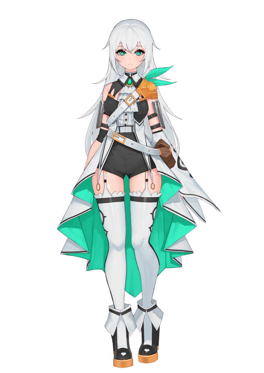 1girl absurdres bangs black_shorts boots closed_mouth commission expressionless fold-over_boots full_body green_eyes hair_between_eyes high_heel_boots high_heels highres looking_at_viewer original rktlek159 shorts simple_background solo standing thigh-highs waistcoat white_background white_legwear