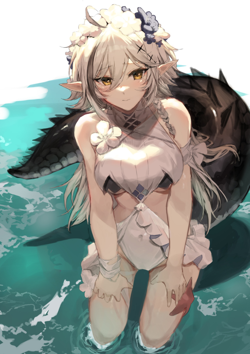 1girl absurdres arknights armband bare_shoulders blue_flower blush covered_navel crocodilian_tail flower groin hair_between_eyes head_wreath highres long_hair looking_at_viewer molyb multiple_sources official_alternate_costume pointy_ears shadow solo starfish swimsuit tail tomimi_(arknights) tomimi_(silent_night)_(arknights) wading water white_flower white_hair white_swimsuit yellow_eyes