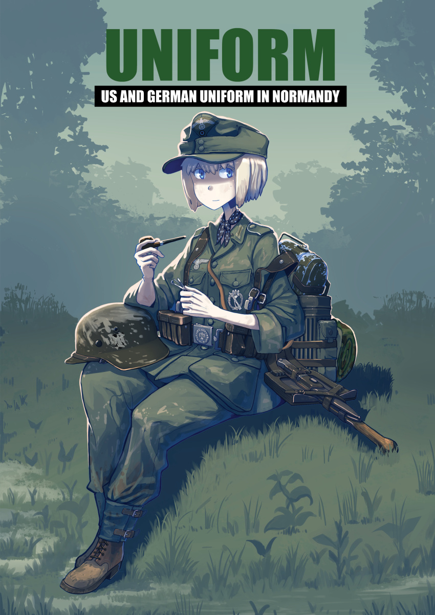 1girl absurdres blonde_hair blue_eyes boots breast_pocket brown_footwear cover cover_page english_commentary english_text erica_(naze1940) grass green_headwear green_jacket green_pants hat headwear_removed helmet helmet_removed highres holding holding_pipe jacket military military_hat military_uniform original outdoors pants pipe pocket short_hair shovel sitting solo stahlhelm swastika uniform world_war_ii