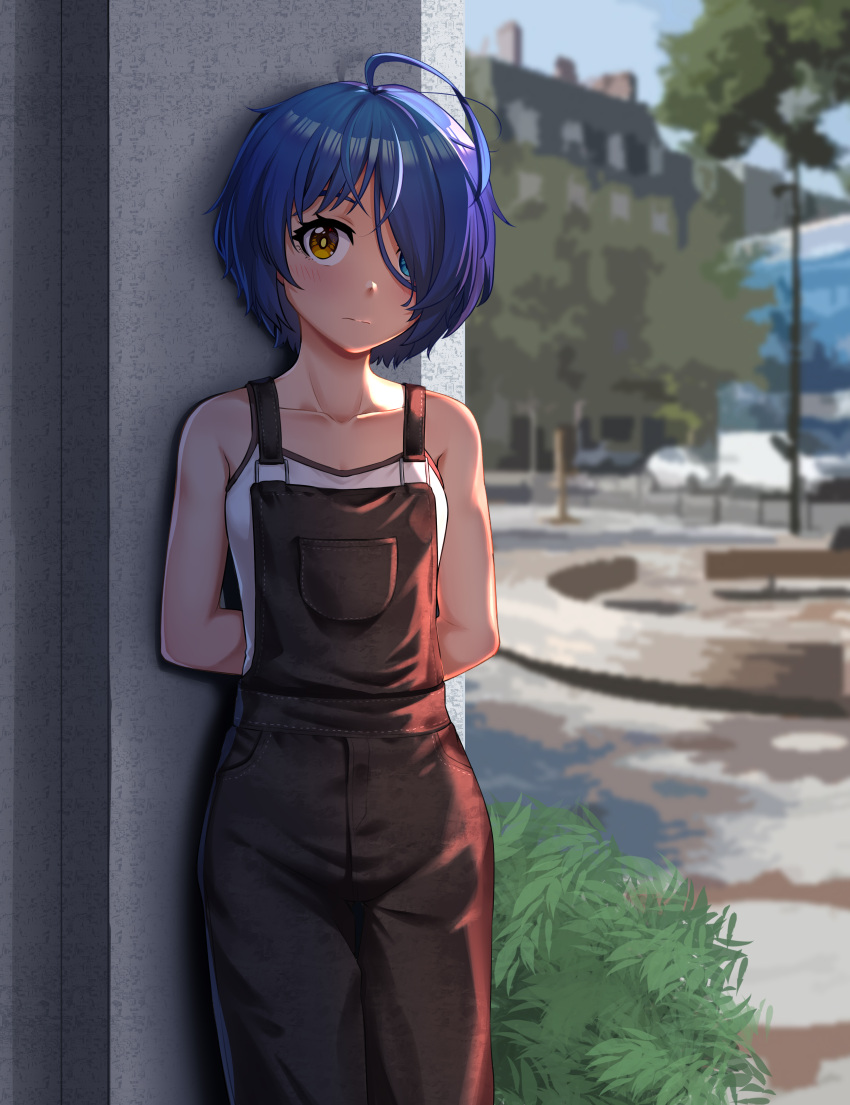 1girl absurdres ahoge arms_behind_back blue_hair blurry blurry_background breasts building chinese_commentary collarbone darksnake3 day hair_over_one_eye highres huge_filesize looking_at_viewer ooto_ai outdoors overalls sleeveless small_breasts solo standing tank_top wonder_egg_priority yellow_eyes