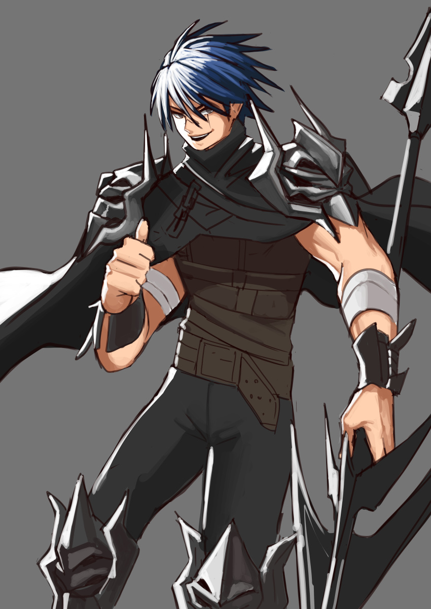 1boy :d absurdres black_cape black_pants blue_hair brown_eyes cape commentary dungeon_and_fighter durandal_(dungeon_and_fighter) english_commentary grey_background hair_between_eyes highres holding holding_weapon looking_at_viewer male_focus open_mouth pants pointing pointing_at_self rktlek159 short_hair simple_background smile solo standing weapon wristband