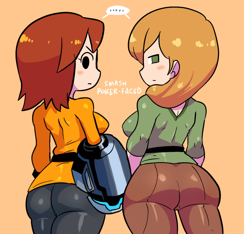 ... 2girls :| alex_(minecraft) arm_cannon ass black_eyes black_pants blonde_hair blush_stickers brown_hair brown_pants character_request closed_mouth cowboy_shot from_behind green_eyes green_shirt hair_over_shoulder highres jitome long_hair looking_at_viewer looking_back minecraft multiple_girls pants rariatto_(ganguri) shared_speech_bubble shirt simple_background speech_bubble spoken_ellipsis super_smash_bros. symbol_commentary weapon yellow_background yellow_shirt
