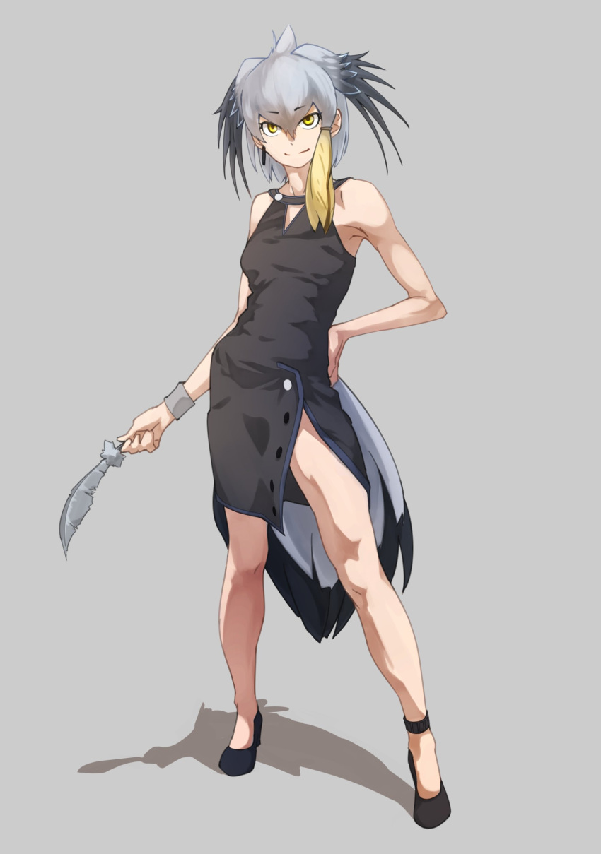 1girl absurdres alternate_costume bare_shoulders bird_girl bird_tail bird_wings black_dress black_footwear black_hair blonde_hair commentary_request dress eyebrows_visible_through_hair feathers full_body grey_hair hair_tie hand_on_hip head_wings high_heels highres kemono_friends multicolored_hair shoebill_(kemono_friends) short_hair sleeveless solo tanabe_(fueisei) wings yellow_eyes