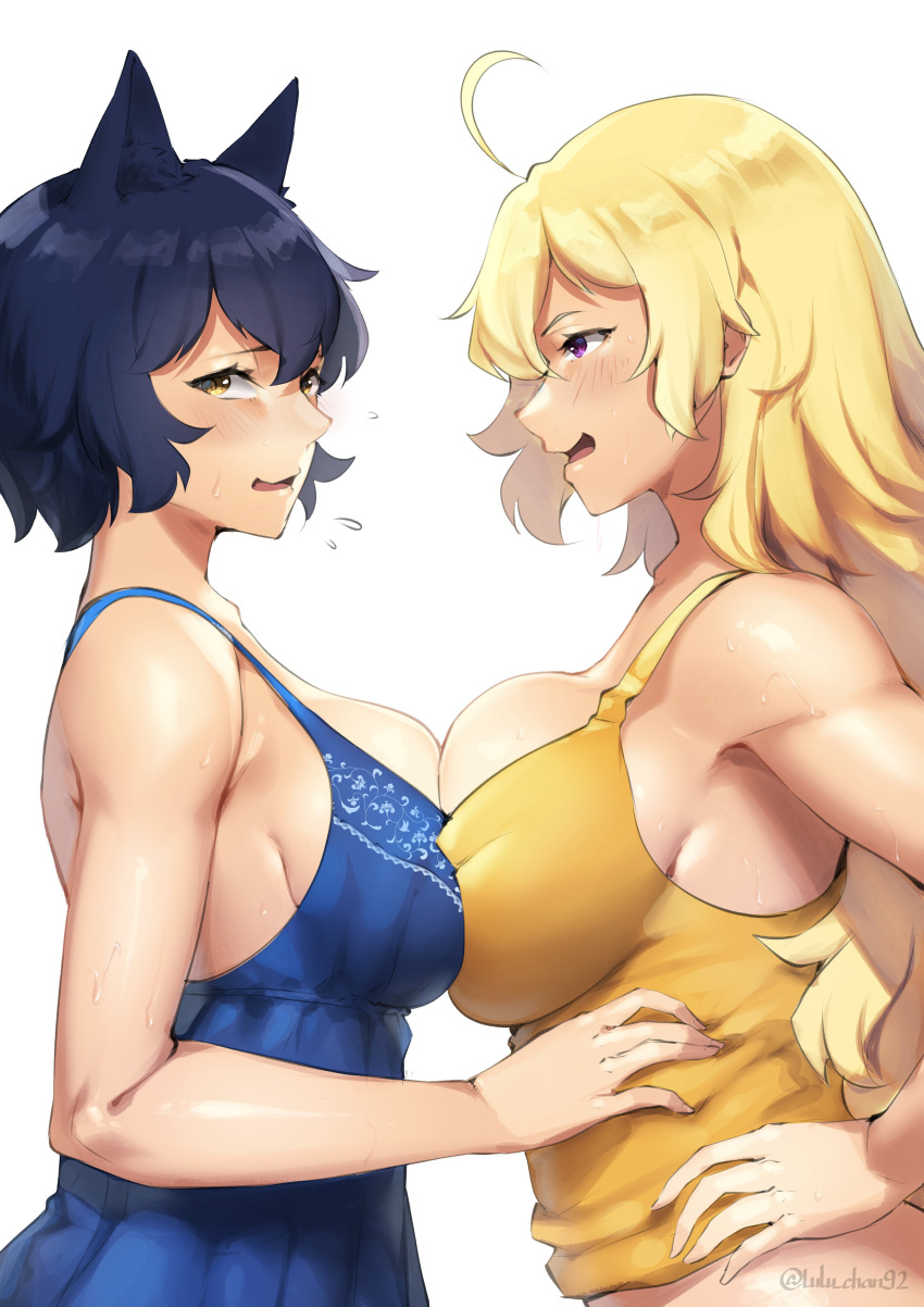 2girls absurdres ahoge animal_ears bangs bare_shoulders blake_belladonna blonde_hair blue_dress blue_hair blush breast_press breasts cat_ears character_request dress from_side highres large_breasts long_hair looking_at_another looking_away looking_to_the_side lulu-chan92 multiple_girls open_mouth rwby short_hair sideboob sweat symmetrical_docking tank_top violet_eyes yang_xiao_long yellow_eyes yellow_tank_top