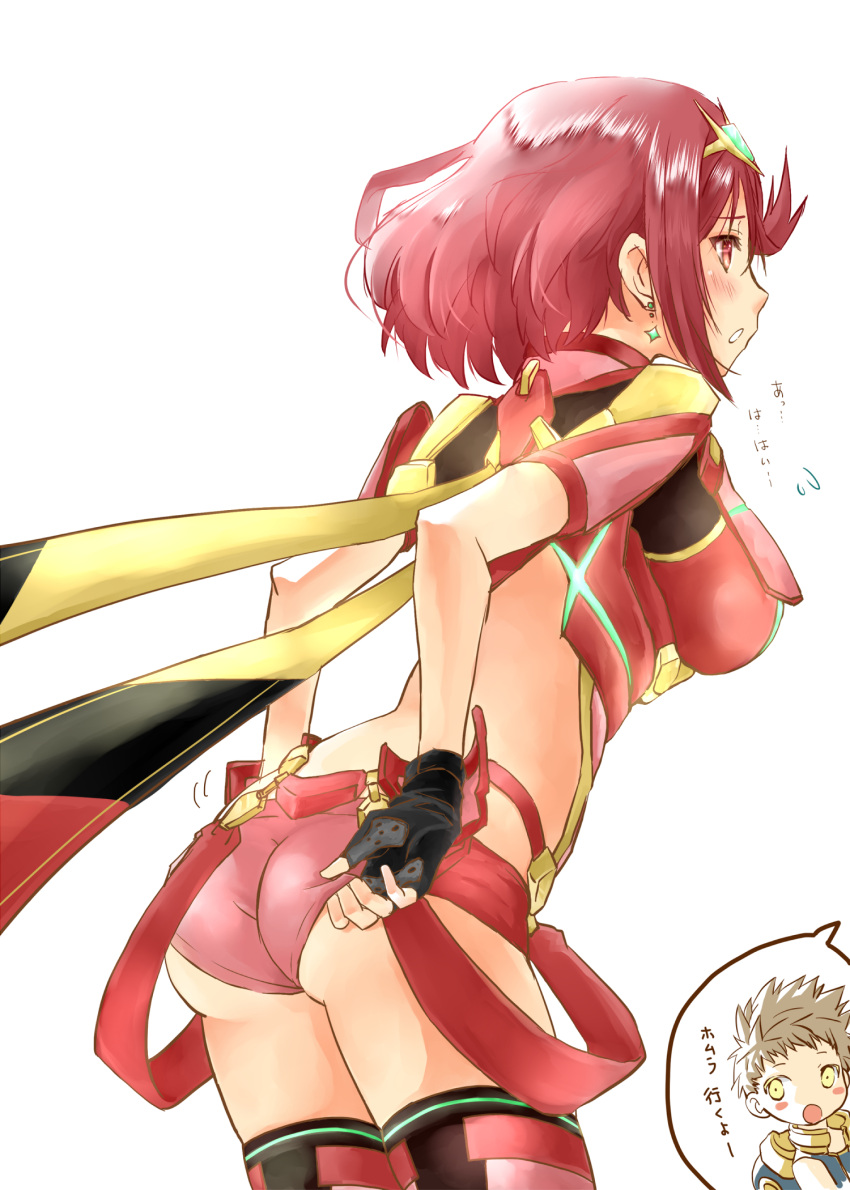 1girl bangs black_gloves breasts earrings fingerless_gloves gloves highres jewelry large_breasts pyra_(xenoblade) red_eyes red_legwear red_shorts redhead rex_(xenoblade) shiroxai short_hair short_shorts shorts swept_bangs thigh-highs tiara xenoblade_chronicles_(series) xenoblade_chronicles_2
