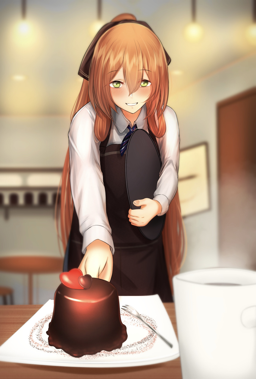 1girl absurdres apron blush bow coffee_mug commentary_request cup dessert diagonal_stripes eyebrows_visible_through_hair food fork girls_frontline green_eyes guchagucha hair_between_eyes hair_bow heart highres horie_yui looking_at_viewer mug necktie orange_hair partial_commentary smile solo springfield_(girls_frontline) steam striped tray yellow_background
