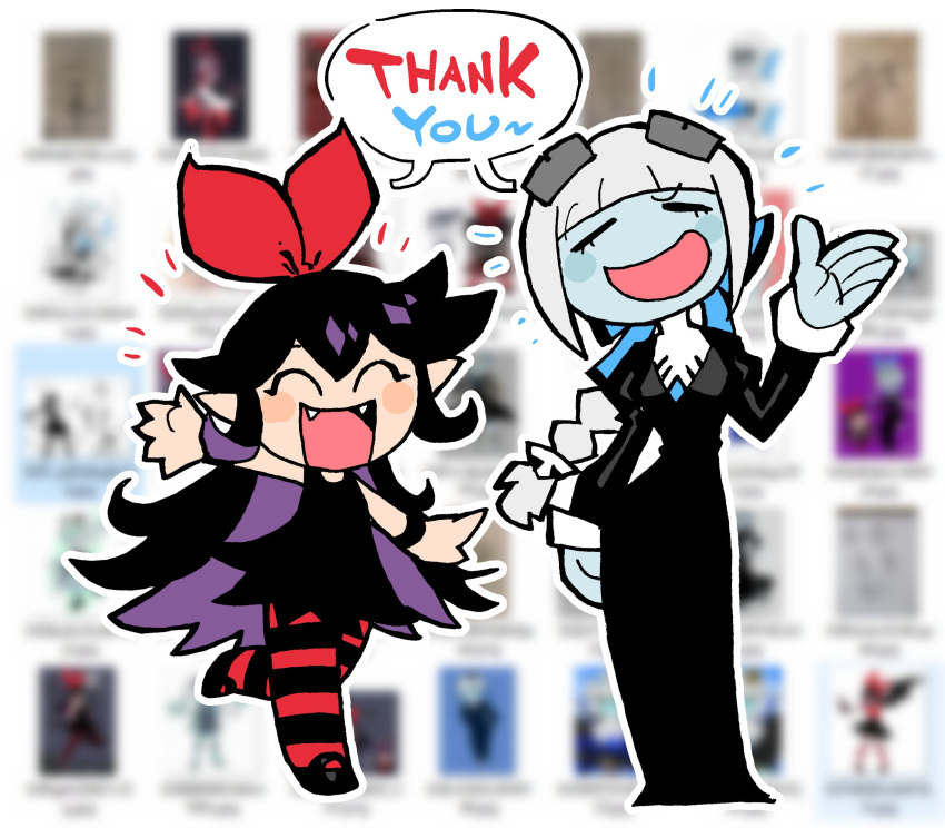 2girls :d bangs black_dress black_hair blue_skin blunt_bangs blurry blurry_background blush_stickers bow closed_eyes colored_inner_hair colored_skin depth_of_field dress facing_viewer fangs flora_(rariatto) hair_bow hand_up highres juliet_sleeves long_dress long_hair long_sleeves multicolored_hair multiple_girls open_mouth original outline pantyhose pointy_ears puffy_sleeves purple_hair rariatto_(ganguri) red_bow red_legwear smile standing standing_on_one_leg striped striped_legwear thank_you very_long_hair waving white_hair white_outline wristband zakuro_(rariatto)