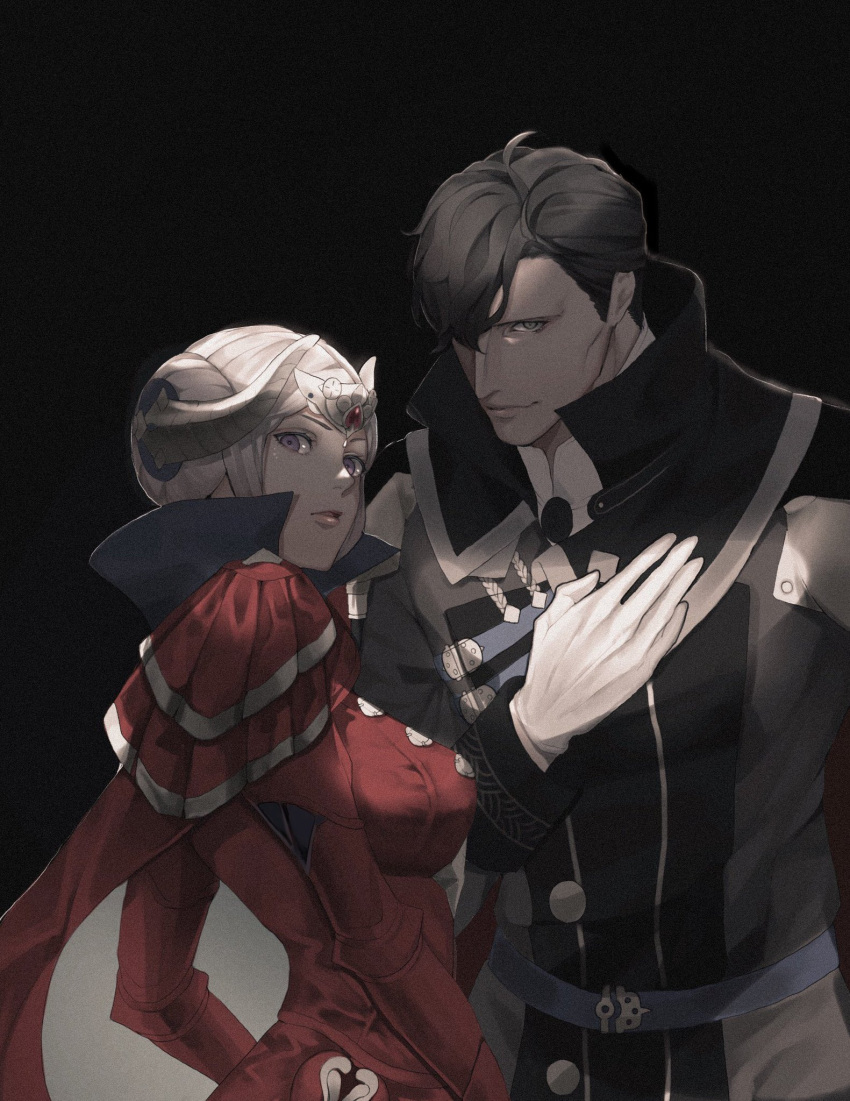 1boy 1girl black_hair edelgard_von_hresvelg fire_emblem fire_emblem:_three_houses highres hubert_von_vestra looking_at_viewer short_hair smile violet_eyes watayumi_leo white_hair