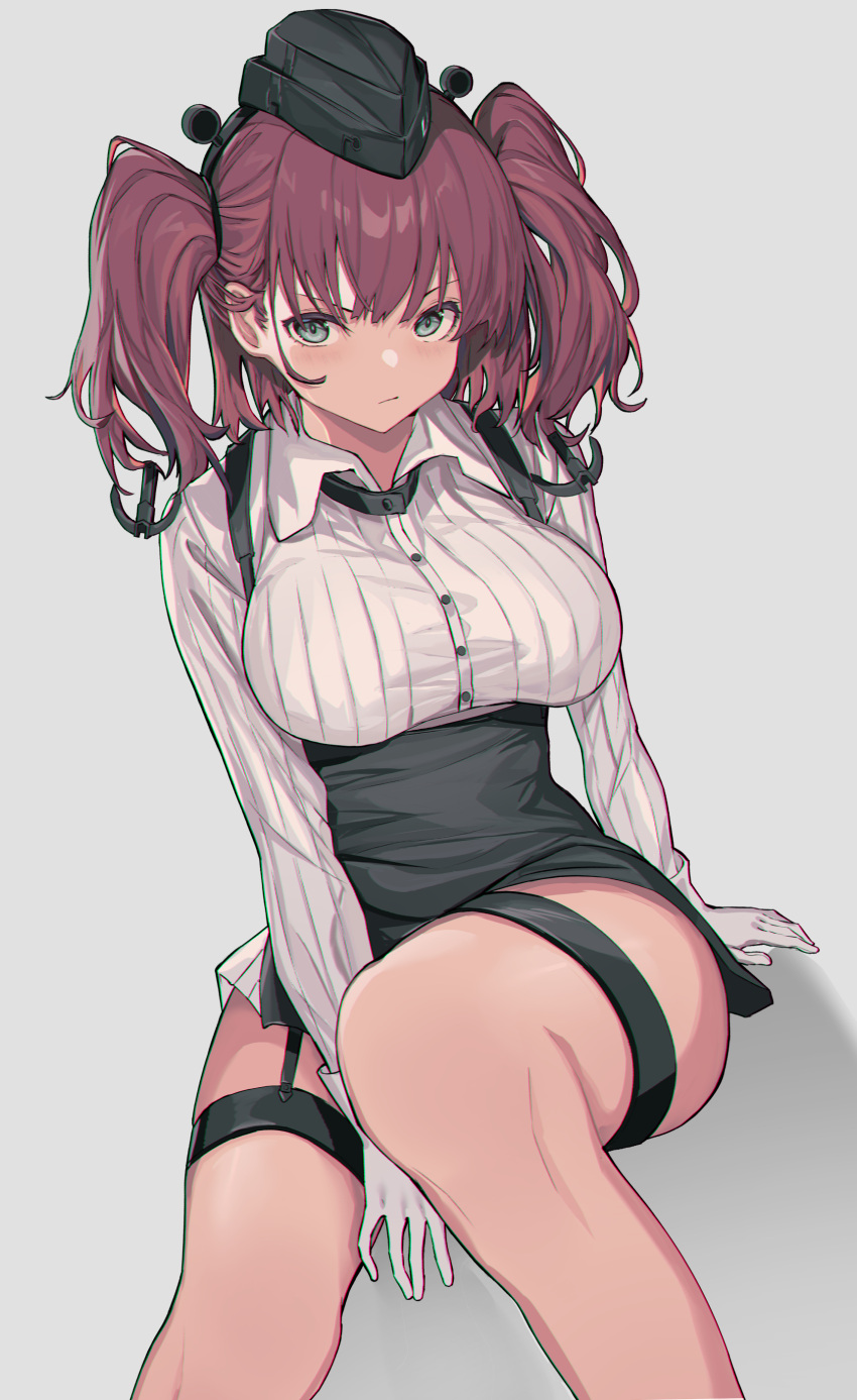 1girl absurdres atlanta_(kancolle) black_headwear black_skirt blush breasts brown_hair buttons closed_mouth collared_shirt garrison_cap gloves grey_background grey_eyes hat high-waist_skirt highres kantai_collection large_breasts long_hair long_sleeves looking_at_viewer oweee shirt simple_background skirt solo suspender_skirt suspenders two_side_up white_gloves white_shirt