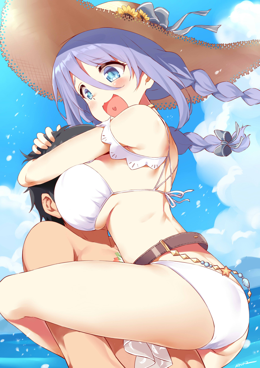 1boy 1girl absurdres ass back bangs belt bikini black_hair blue_eyes blue_sky braid breast_smother breasts clouds commentary_request day eyebrows_visible_through_hair face_to_breasts flower hair_between_eyes hair_ribbon hat hat_flower hat_ribbon heart highres hug large_breasts leg_lock long_hair ocean open_mouth outdoors princess_connect! purple_hair ribbon ryuki_(ryukisukune) shizuru_(princess_connect!) sideboob sky smile straw_hat sun_hat sunflower swimsuit thighs white_bikini
