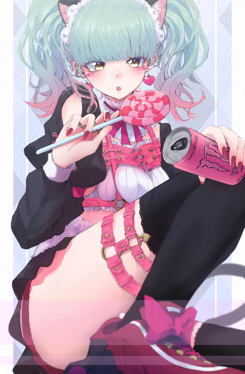 1girl animal_ears bangs biburi_(precure) black_legwear can candy chest_harness dededeteiu earrings food garters gradient_hair green_hair hand_on_own_knee harness highres holding holding_can holding_candy holding_food holding_lollipop jewelry kirakira_precure_a_la_mode knee_up lollipop long_sleeves looking_at_viewer monster_energy multicolored_hair open_mouth pink_hair precure puffy_sleeves red_footwear red_nails shoes sitting skirt solo thigh-highs twintails two-tone_hair yellow_eyes