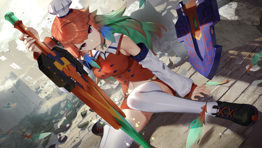 1girl breasts chef_hat choker commentary_request detached_sleeves gradient_hair green_hair hat highres holding holding_sword holding_weapon hololive hololive_english long_hair looking_at_viewer medium_breasts multicolored_hair orange_hair pink_eyes sitting solo sukocchi sword takanashi_kiara thigh-highs thighs virtual_youtuber weapon white_headwear white_legwear