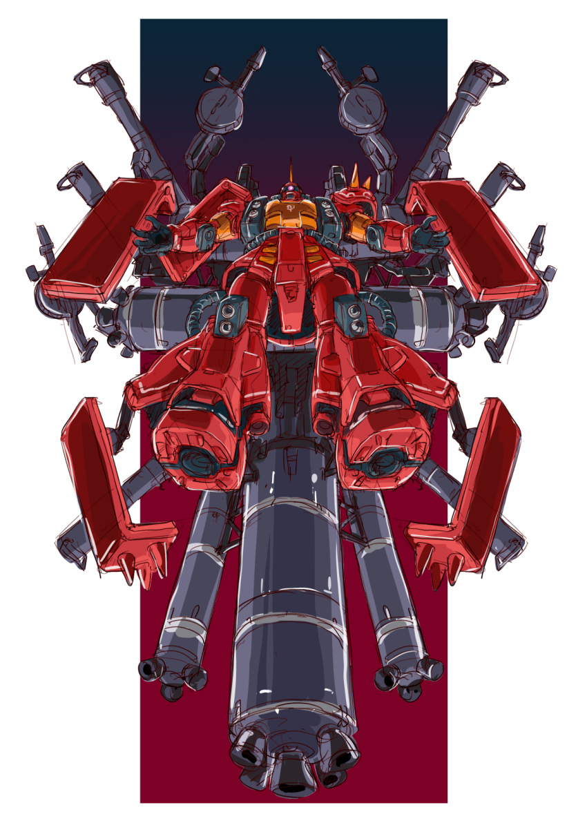 floating from_above gundam gundam_thunderbolt highres hiroyuki_taiga mecha mobile_suit no_humans one-eyed open_hands pink_eyes science_fiction sketch solo spikes zaku_ii_(reuse_p_device)