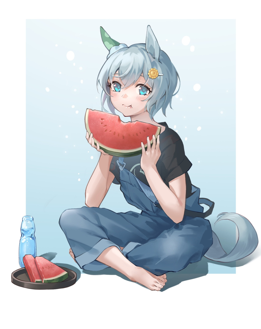 1girl :t absurdres animal_ears bangs barefoot bite_mark black_shirt blue_eyes blue_hair blue_overalls blush bottle chinese_commentary closed_mouth commentary_request ear_covers eating flower food food_on_face fruit full_body hair_flower hair_ornament highres holding holding_food holding_fruit horse_ears horse_girl horse_tail indian_style joeychen looking_at_viewer overalls seiun_sky_(umamusume) shirt short_hair short_sleeves sitting solo tail two-tone_background umamusume watermelon watermelon_slice