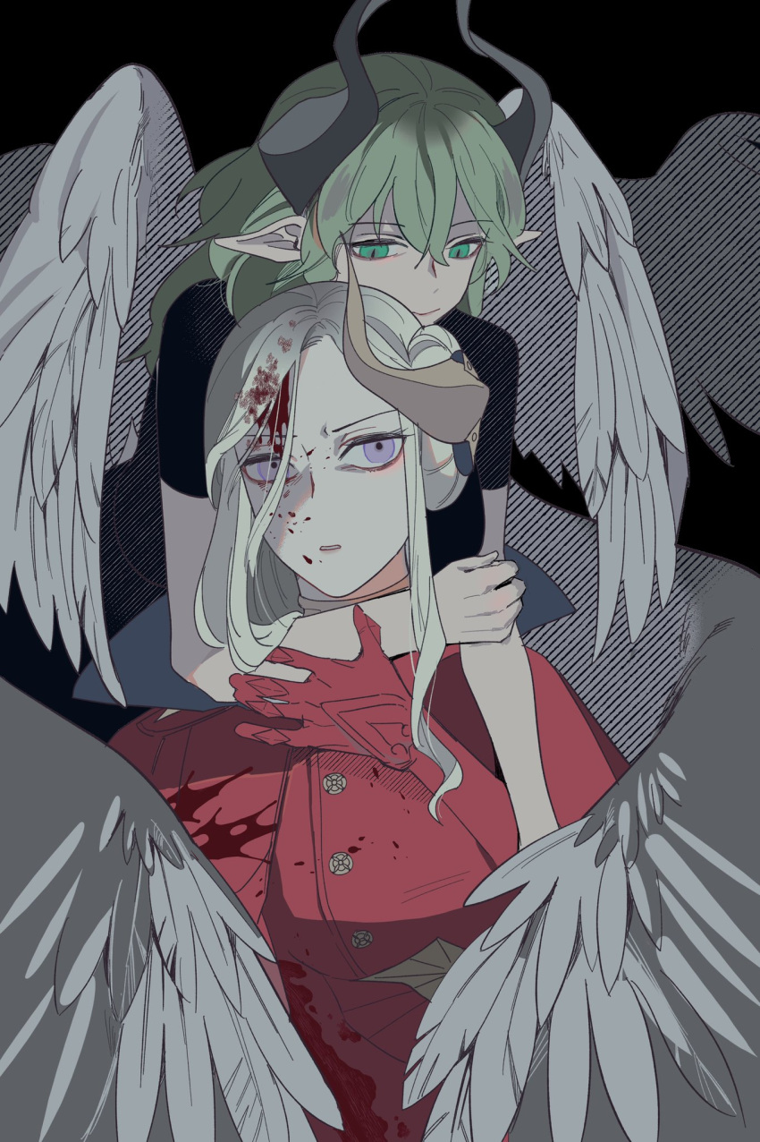 2girls bang_gu9 blood byleth_(fire_emblem) byleth_eisner_(female) edelgard_von_hresvelg green_eyes green_hair highres horns long_hair multiple_girls violet_eyes white_hair