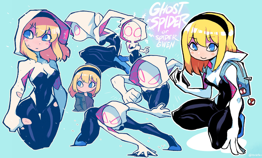 1girl :&gt; absurdres backpack bag black_bodysuit blonde_hair blue_eyes blush_stickers bodysuit breasts closed_mouth covered_face fighting_stance green_jacket gwen_stacy hairband halftone highres holding holding_phone hood hood_up hooded_bodysuit hooded_jacket jacket looking_at_viewer mask medium_hair multiple_views narrow_waist phone rariatto_(ganguri) running small_breasts smile spider-gwen squatting thigh_gap
