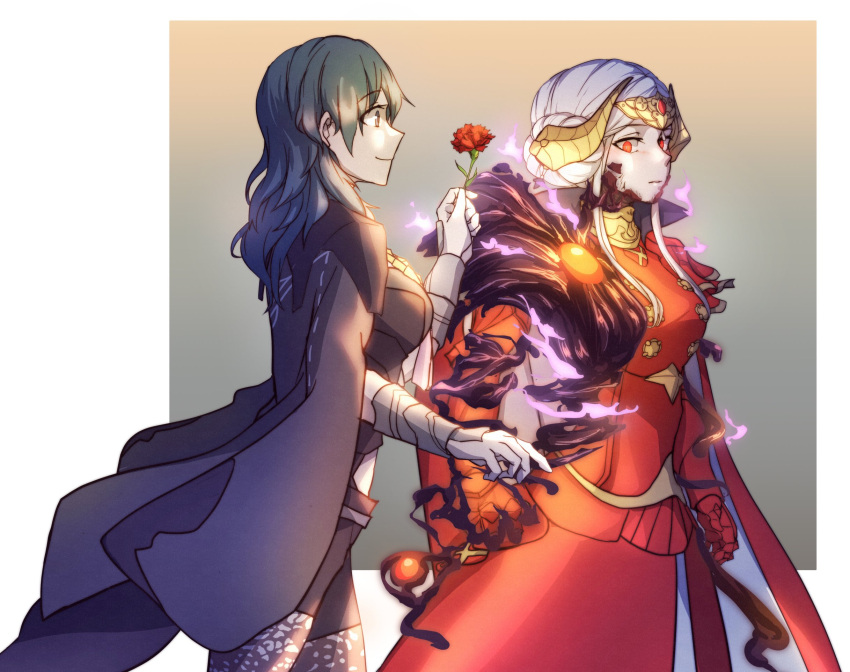 2girls blue_eyes blue_hair byleth_(fire_emblem) byleth_eisner_(female) edelgard_von_hresvelg fire_emblem fire_emblem:_three_houses flower highres horns leggings long_hair multiple_girls red_eyes rose short_hair shorts smile usbgrumble white_hair