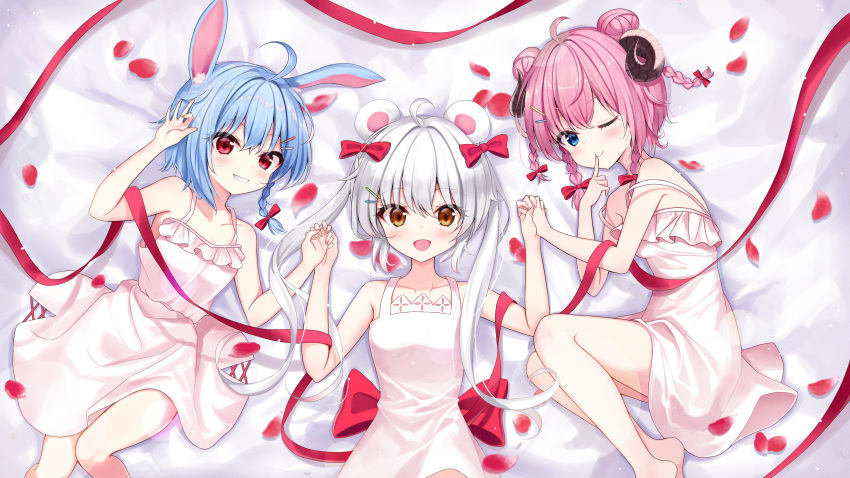 3girls absurdres ahoge animal_ear_fluff animal_ears arm_up bed blue_eyes blue_hair braid brown_eyes curled_horns double_bun dress finger_to_mouth grin hair_bun hair_ornament hairclip hand_on_own_head highres holding_hands horns huge_filesize knees_up lying multiple_girls on_back on_side one_eye_closed open_mouth original pink_hair quad_braids quad_tails rabbit_ears rabbit_girl rangtori red_eyes ribbon short_dress short_hair silver_hair smile sundress twintails white_dress