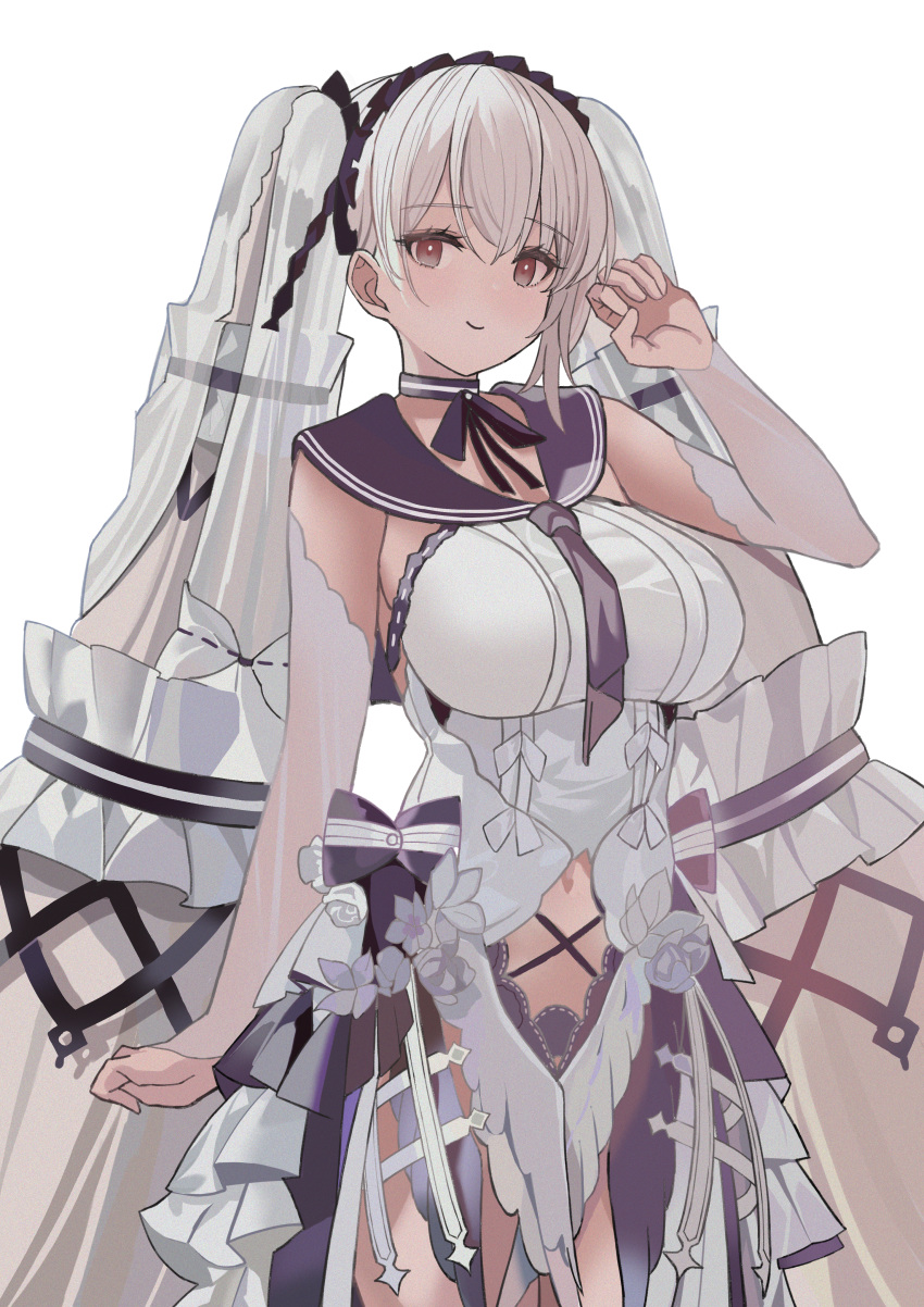 1girl absurdres azur_lane breasts closed_mouth dress dress_flower eyebrows_visible_through_hair feet_out_of_frame formidable_(azur_lane) formidable_(timeless_classics)_(azur_lane) hairband hand_up highres huge_filesize large_breasts long_hair looking_at_viewer navel neck_ribbon necktie purple_neckwear red_eyes ribbon silver_hair smile solo standing tnr_(horiko1525) twintails very_long_hair white_background white_dress