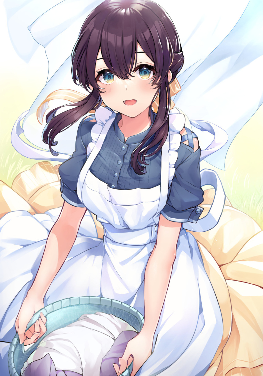 1girl :d ao_no_neko apron bangs basket blue_eyes blue_shirt brown_hair commentary_request crossed_bangs fang folded_clothes grass hair_between_eyes hair_ribbon highres holding holding_basket laundry_basket looking_at_viewer open_mouth original ribbon shirt short_sleeves skirt smile solo standing towel twintails white_apron yellow_skirt