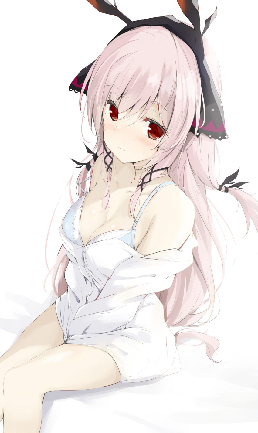 1girl :o alternate_costume arknights bangs bare_legs black_hairband blush bra breasts closed_mouth collarbone collared_shirt commentary_request cowboy_shot dress gloves hair_ornament hairband hands_up headband heart highres kusunoki_(gwzx5574) long_hair looking_at_viewer medium_breasts off_shoulder partial_commentary red_eyes shirt silver_hair simple_background single_glove skirt smile solo standing thighs underwear weedy_(arknights) white_background white_bra white_shirt