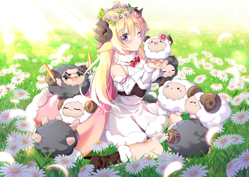 1girl absurdres ahoge animal animal_ears bangs bare_shoulders benchen06 black_footwear blonde_hair boots bow bowtie breasts cape curled_horns day detached_sleeves dress eyebrows_visible_through_hair field flower flower_field fluffy from_above fur-trimmed_boots fur-trimmed_cape fur-trimmed_dress fur-trimmed_sleeves fur_collar fur_trim glowstick grass grey_fur hair_between_eyes hair_flower hair_ornament hair_ribbon hairpin head_wreath highres hololive horns large_breasts long_hair looking_at_viewer petals pink_cape pink_ribbon puckered_lips red_bow ribbon sheep sheep_ears sheep_girl sheep_horns sitting star-shaped_eyewear sunflower sunglasses sunlight tsunomaki_watame violet_eyes virtual_youtuber wariza white_dress white_fur
