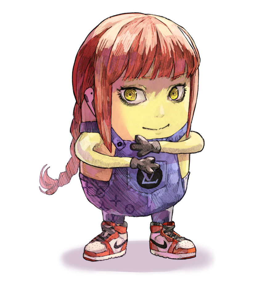 1other absurdres air_jordan air_jordan_1 airpods bangs black_gloves braid chainsaw_man commission despicable_me drip_(meme) english_commentary fusion gloves highres louis_vuitton_(brand) makima_(chainsaw_man)_(cosplay) meme minion_(despicable_me) nike no_humans overalls parody redhead shoes smile sneakers solo subakeye yellow_eyes