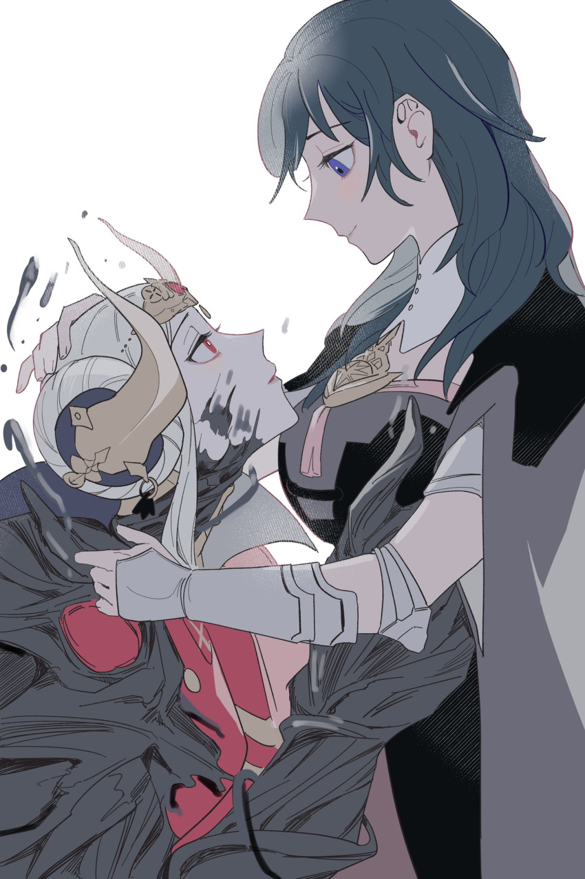 2girls bang_gu9 blue_eyes blue_hair byleth_(fire_emblem) byleth_eisner_(female) corruption edelgard_von_hresvelg fire_emblem fire_emblem:_three_houses hand_on_another's_head highres horns long_hair looking_at_another looking_down looking_up multiple_girls red_eyes short_hair smile white_background white_hair