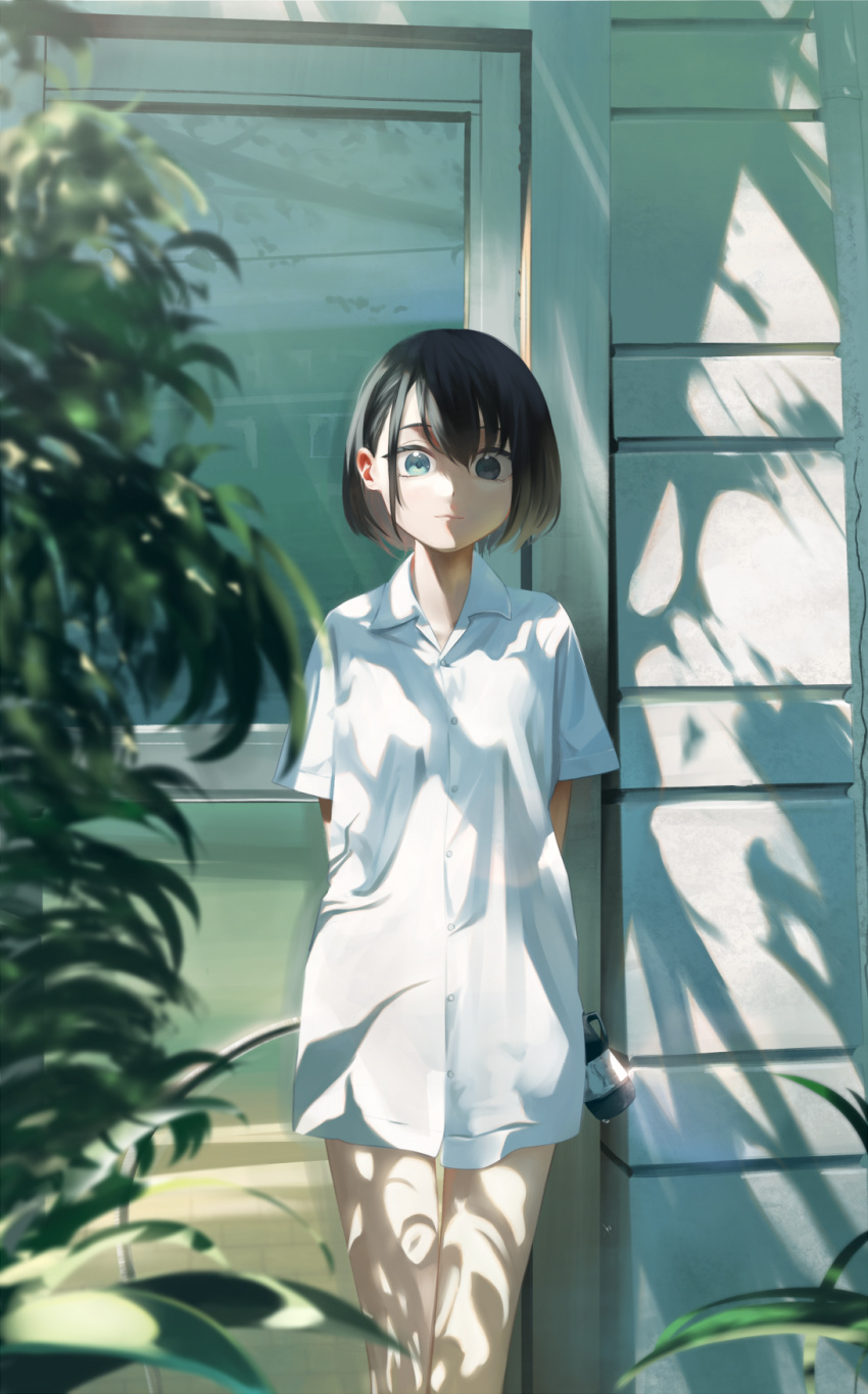 1girl arms_behind_back bangs bare_legs black_hair blue_eyes bob_cut building bush closed_mouth collared_shirt commentary cowboy_shot door english_commentary highres hose light_smile litra_(ltr0312) looking_at_viewer no_pants original outdoors plant shade shirt short_hair short_sleeves solo white_shirt