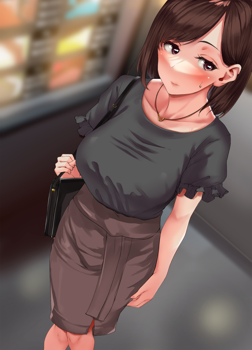 1girl absurdres bangs blush breasts brown_eyes brown_hair brown_skirt collarbone grey_shirt highres jewelry large_breasts looking_at_viewer necklace nohito original shirt short_hair short_sleeves skirt solo