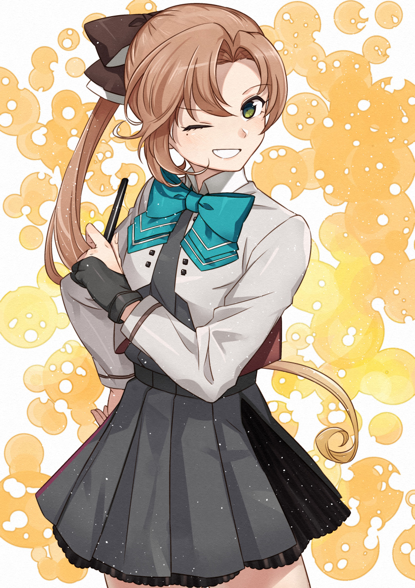 1girl absurdres akigumo_(kancolle) black_gloves blazer blue_neckwear bow bowtie brown_hair cowboy_shot gloves green_eyes hair_ribbon highres jacket kanmiya_shinobu kantai_collection long_hair long_sleeves mole mole_under_eye one_eye_closed partially_fingerless_gloves ponytail remodel_(kantai_collection) ribbon school_uniform single_glove solo