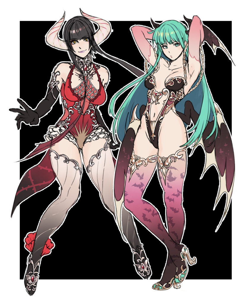 2girls absurdres alternate_costume alternate_legwear armpits arms_behind_head arms_up bat black_gloves black_hair breasts chain chest_tattoo clothing_cutout crossover demon_girl demon_horns elbow_gloves eliza_(tekken) english_commentary eyebrows_visible_through_hair full_body gloves green_eyes green_hair hanny_(uirusu_chan) head_wings high_heels highres horns leotard long_hair low_wings medium_breasts morrigan_aensland multicolored_hair multiple_girls navel navel_cutout pink_gloves pink_legwear print_legwear purple_lips red_leotard redesign redhead revealing_clothes short_hair_with_long_locks tattoo tekken tekken_7 thigh-highs trait_connection two-tone_hair vampire vampire_(game) white_legwear wings yellow_eyes