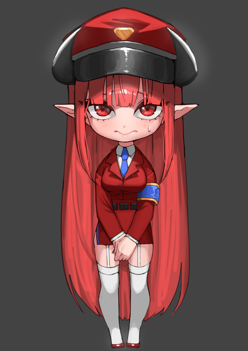 1girl absurdres armband blue_neckwear blush chibi closed_mouth collared_shirt demon_horns garter_straps grey_background hat highres horns jacket long_hair looking_at_viewer miniskirt necktie original own_hands_together pencil_skirt pointy_ears red_eyes red_footwear red_headwear red_jacket red_skirt redhead rktlek159 shirt shoes simple_background skirt solo standing thigh-highs v_arms very_long_hair white_legwear white_shirt wing_collar